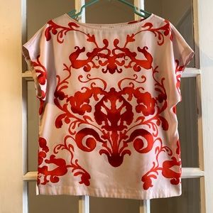 red and cream blouse